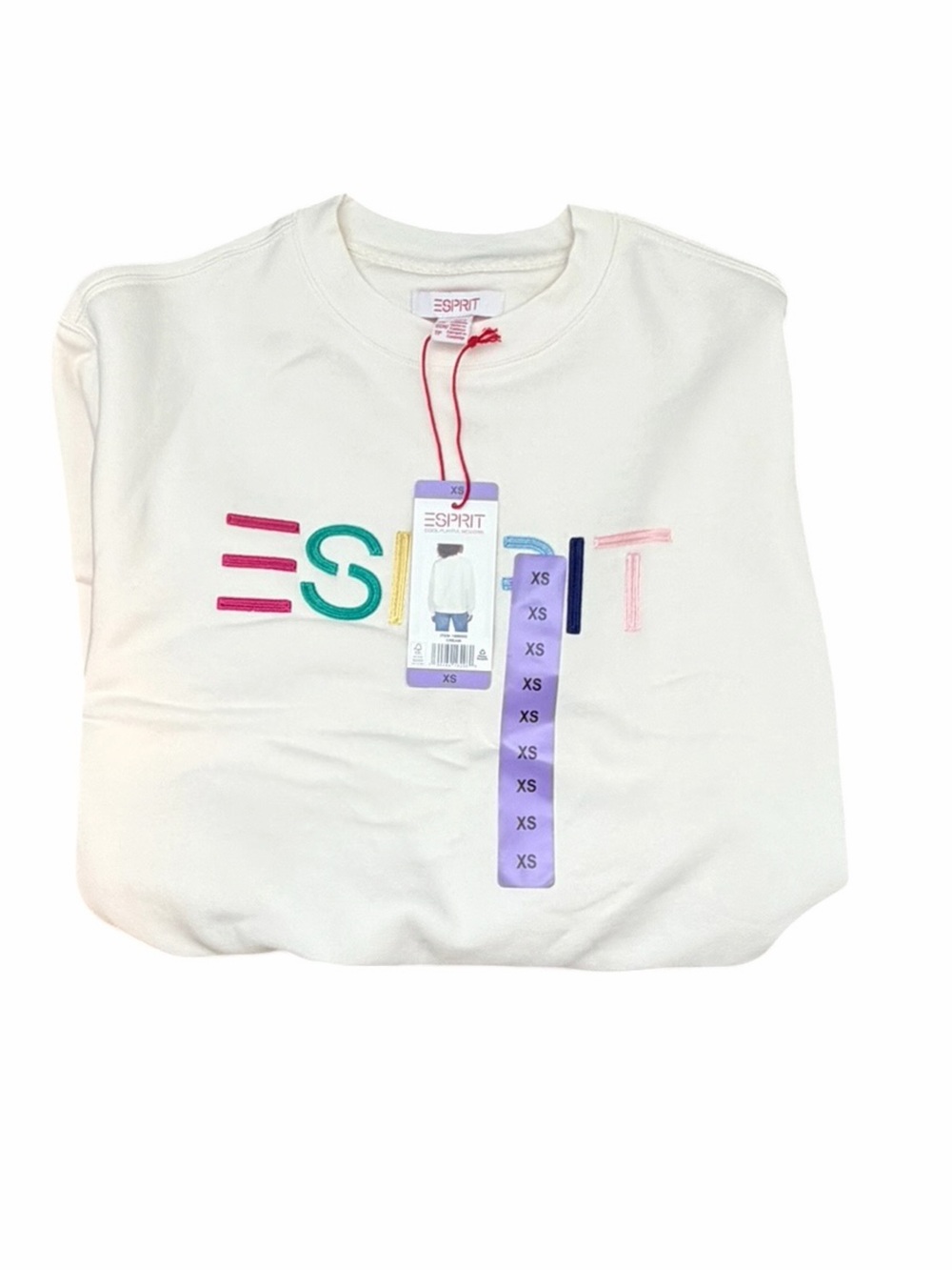 Esprit Cream Sweatshirt with Multicolor Embroidered Logo NWT Size Extra Small